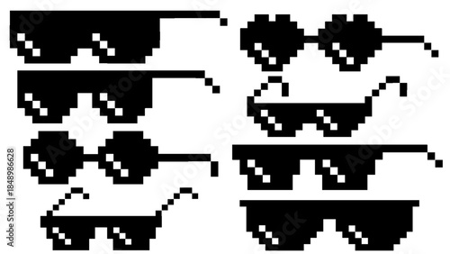 Variety of black pixelated sunglasses designs, capturing a distinct retro 8-bit style. Ideal for digital projects, gaming themes, and meme-inspired graphics