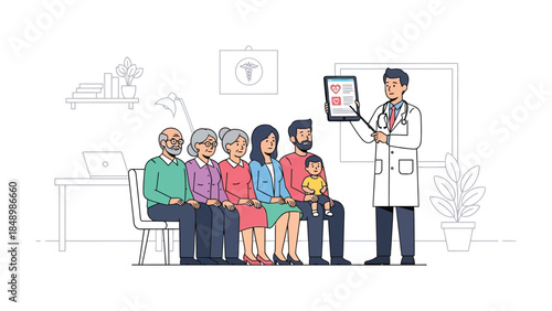 Medical Consultation: A doctor explains something to patients, representing healthcare, wellness, and medical expertise.