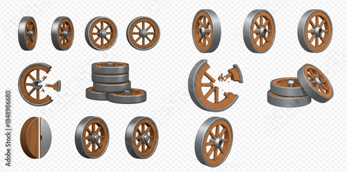 Set of 3D rendered wooden wheels, broken and stacked, for vintage transport or decorative design elements.