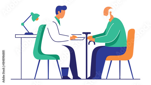 Health Assessment: A doctor in a pristine, minimalist office consults a senior patient. The doctor attentively reviews medical records. The scene portrays the compassionate nature of healthcare.