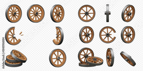 Set of vintage wooden wagon wheels in various angles and conditions, including broken and whole designs.