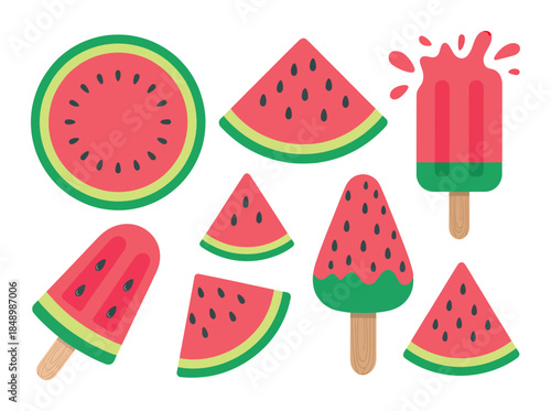 Watermelon slices and popsicles flat white background