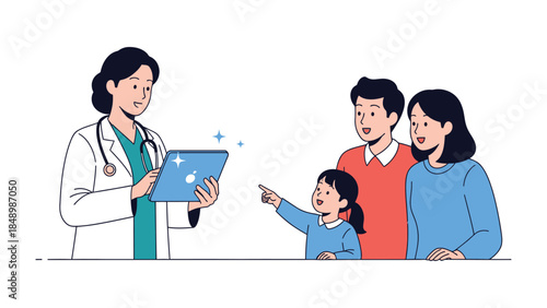 Medical Consultation: An image of a medical professional explaining the results with a tablet to a family.