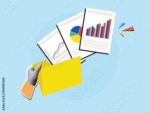 Black and white hand holds a yellow digital folder with papers with graphs and charts. Modern photo collage style. Vector illustration