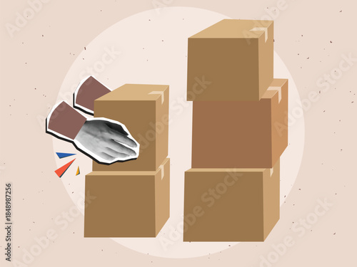 Hands holding a cardboard box. Delivery of goods. Loading and unloading of goods. Modern photo collage style. Vector illustration