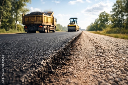 A construction scene showcasing a yellow dump truck and a vibrant yellow roller compacting fresh asphalt on a sunny day.