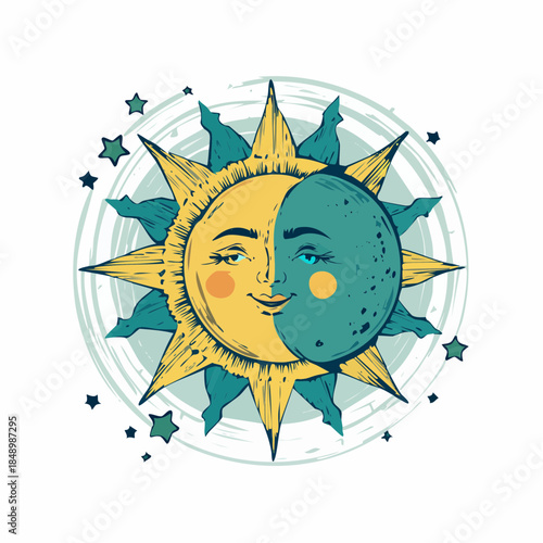 Sun and Moon Celestial Illustration: A whimsical depiction of duality and cosmic balance.