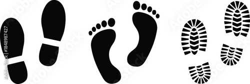 A collection of various human footprint silhouettes, including bare feet, shoes, and boot prints, on a white background.