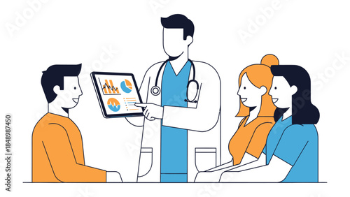 Healthcare Consultation: A medical professional engages in a detailed discussion with patients, illustrating complex information through a digital tablet.