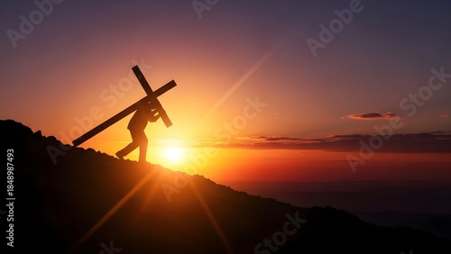 Jesus Carries Cross Uphill Sunset