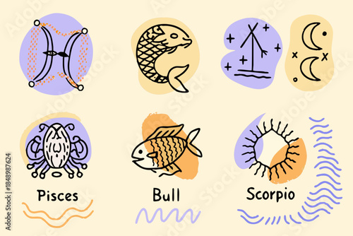 Zodiac signs and aquatic life illustrations in a whimsical hand drawn style