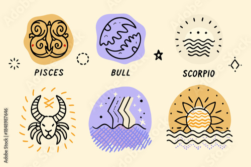Zodiac signs illustrations pisces bull scorpio cancer libra and leo