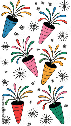 Party Crackers' Colorful Cascade: A vibrant illustration showcasing an array of party crackers, each erupting with a colorful spray against a backdrop of stylized starbursts. Evokes fun and festivity.