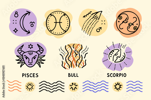 An assortment of colorful astrological symbols and zodiac sign illustrations