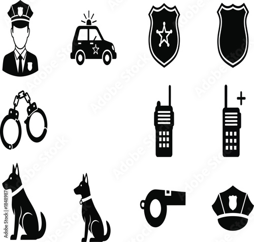 A collection of black silhouette icons representing law enforcement tools officers and canine units for security