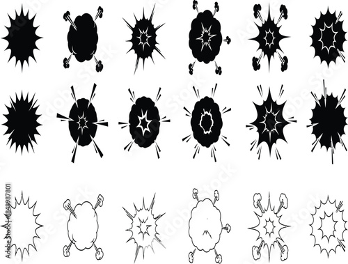 A collection of abstract black and white spiky circular and oval shapes arranged in neat rows is displayed