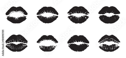 Set of black lips prints isolated on white background depicting passion and affection