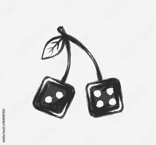 Hand drawn artistic sketch of cherries shaped like dice. Black and white grunge brush drawing of dice looking like cherries.