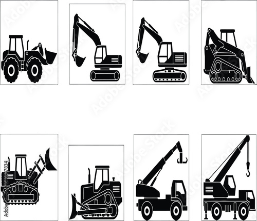 Illustrative collection of black and white construction equipment icons depicting various machinery for building and earthmoving