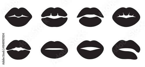 Eight black lips prints in different shapes isolated on white background displaying allure