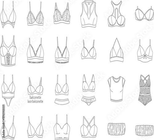 Collection of black and white line art illustrations depicting various styles of lingerie and swimwear designs