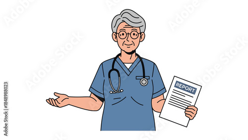 Medical Professional with Report: A friendly elderly medical professional in a blue scrub suit, stethoscope around their neck, holds a report while gesturing an open palm to the side.
