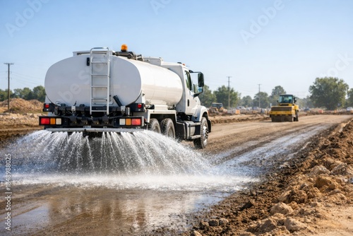 A water truck sprays water on a construction site, enhancing dust control. The scene includes heavy machinery in the background.