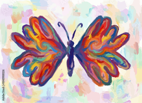 Colorful abstract butterfly illustration with artistic brush strokes and texture. Artistic watercolor and oil painting style butterfly design. Vector design.