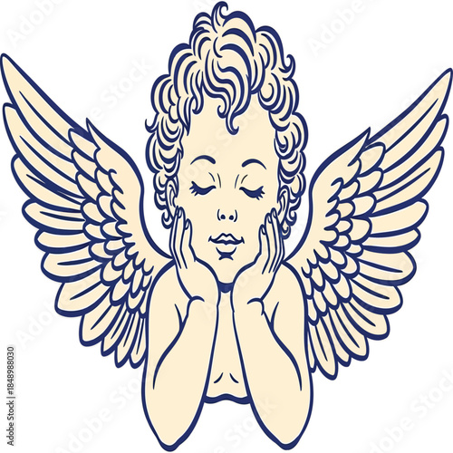 A vintage style illustration of a cherubic angel with wings resting hands on cheeks in a blue hue