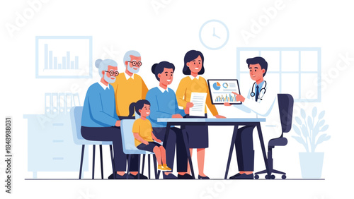Health Consultation: A medical professional engages in a detailed discussion with a multigenerational family, delving into vital aspects of their well-being and overall health. 