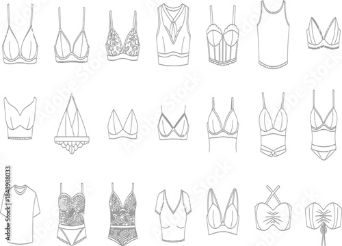 A collection of hand drawn swimsuit and lingerie sketches showcasing various styles and designs in black and white