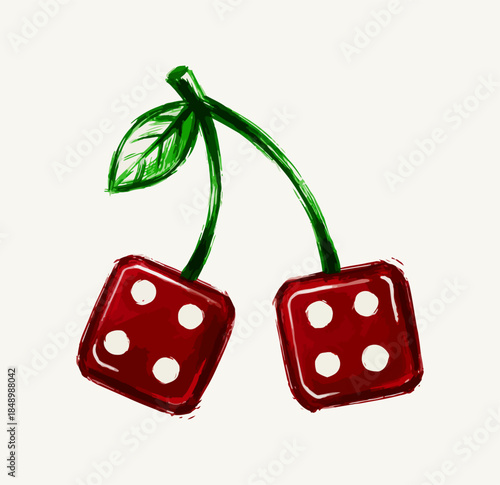 Two red dice shaped cherries illustration. hand drawn style fruit design. Gambling with nature concept. Square dice cherries illustration. creative luck and fruit art. T-shirt or logo design.