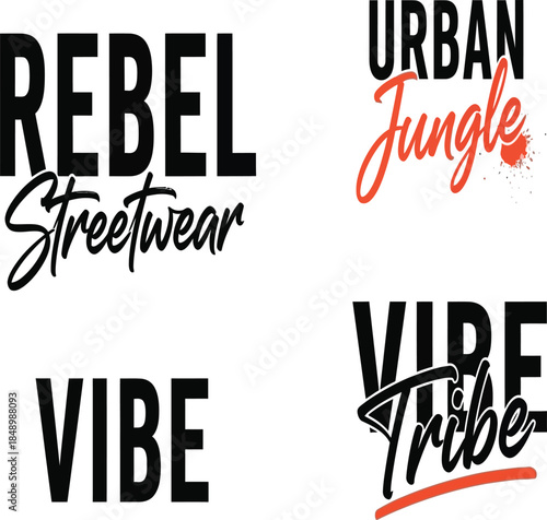 A striking visual composition featuring bold typography with brand names like rebel urban jungle and vibe tribe
