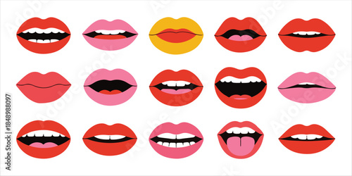 Close up collage of colorful lips. simple vector illustrations of female mouth shapes