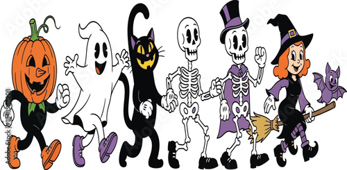 a vintage halloween parade featuring a pumpkin ghost black cat skeleton and witch characters walking