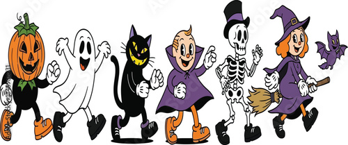 a charming vintage halloween parade featuring a pumpkin ghost black cat vampire skeleton and witch