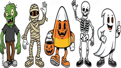 a whimsical row of classic halloween characters including a zombie mummy candy corn skeleton and ghost