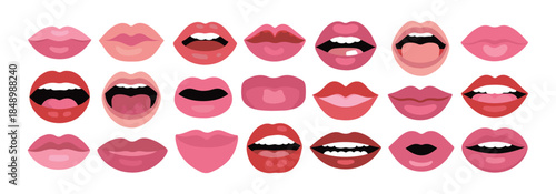 Set of lips in different colors and positions vector illustration on white background