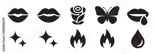 Set of various black flat design icons including lips rose butterfly fire and drop