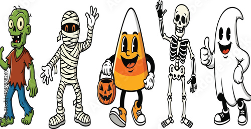 A whimsical halloween lineup features a zombie mummy candy corn skeleton and ghost character illustration