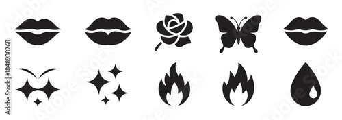 Set of assorted black flat design icons including lips rose butterfly fire and droplet