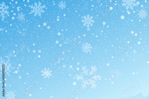 A serene blue sky background with falling snowflakes and a winter atmosphere