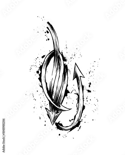 Hand drawn abstract grunge arrow tattoo design with stipple shading and ink splatters. Black and white tribal devil tail or hook illustration in vintage engraving style. Vector pattern