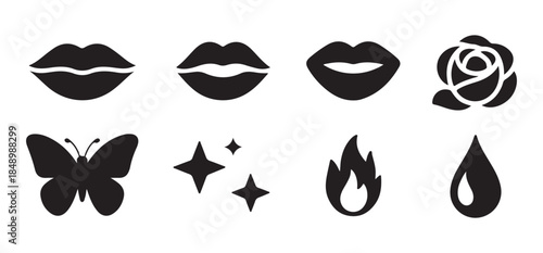 Set of black filled lips. sexy kiss icon set isolated on white background. beautiful mouth symbols
