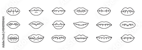 Set of black line lips without filling. sexy kiss icon set isolated on white background