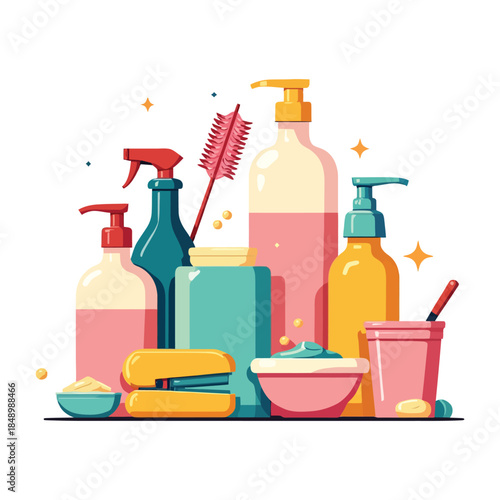 Household cleaning products flat vector illustration for home hygiene concept
