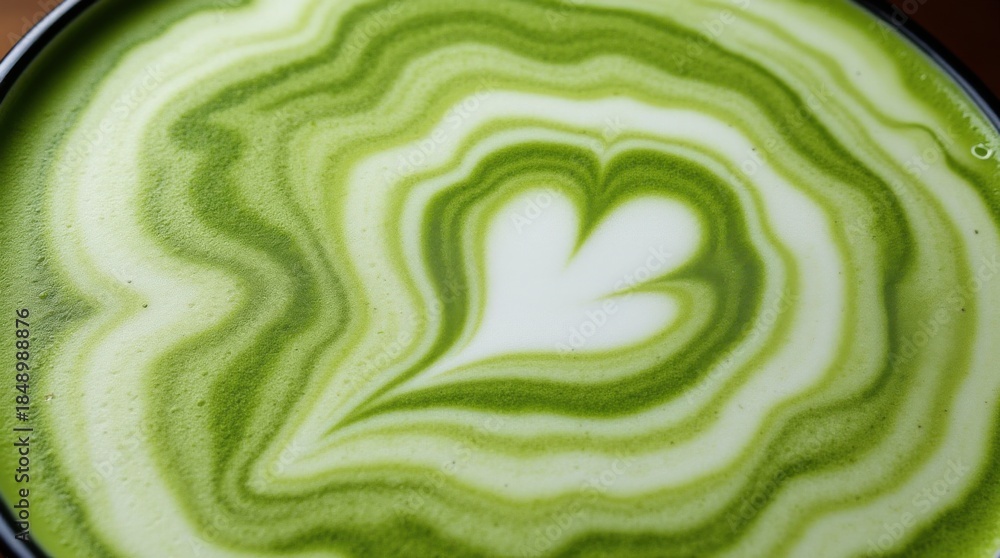 Obraz premium frothy matcha latte with its signature vibrant green color and delicate swirling foam patterns, a macro and full-frame texture shot, close-up texture, top view