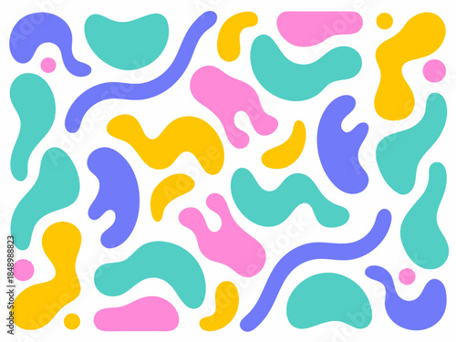 Vibrant abstract pattern featuring scattered organic shapes in playful colors on a white background