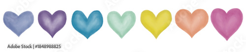 Set of hand painted pastel rainbow watercolor hearts isolated on transparent background. Romantic love illustration perfect for Valentine’s Day cards, greeting design, wedding decor, wrapping paper, f
