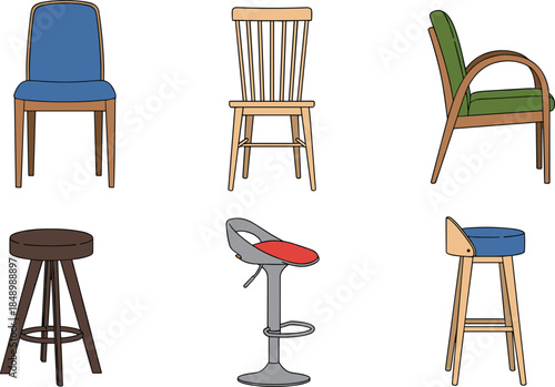 Chair and stool set, cushioned seat, wooden design, bar stool, ergonomic furniture, interior decor, seating variety, stylish home, modern look